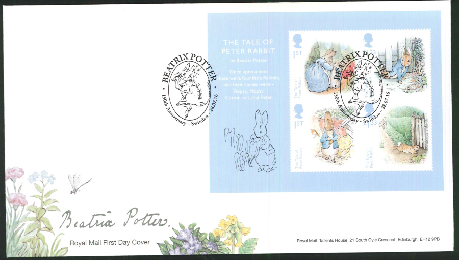 2016 - Beatrix Potter Minisheet First Day Cover, 150th Anniversary - Swindon Postmark